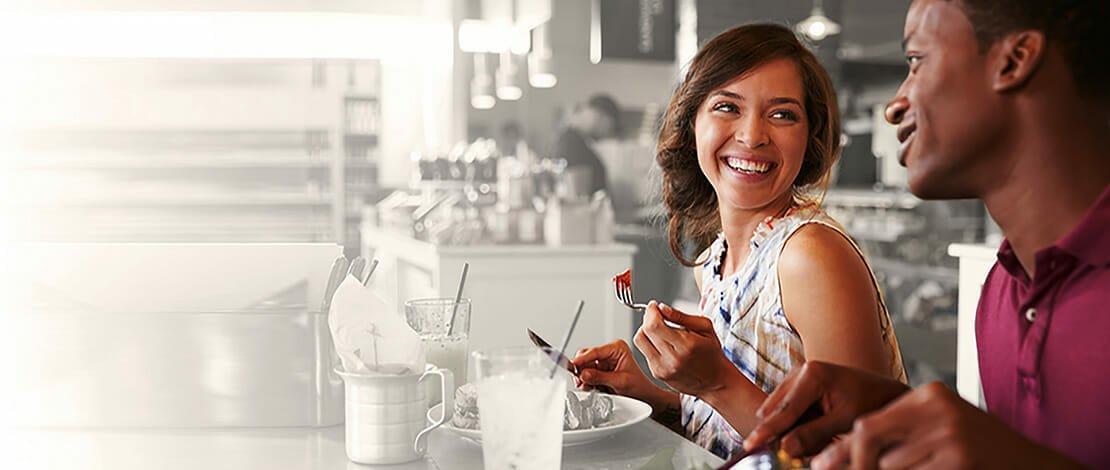 man and woman dining out